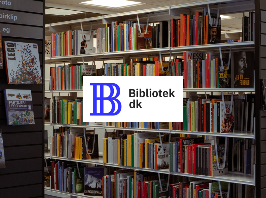 Grafik der illustrerer logo til Bibliotek.dk plus en baggrund fra et bibliotek